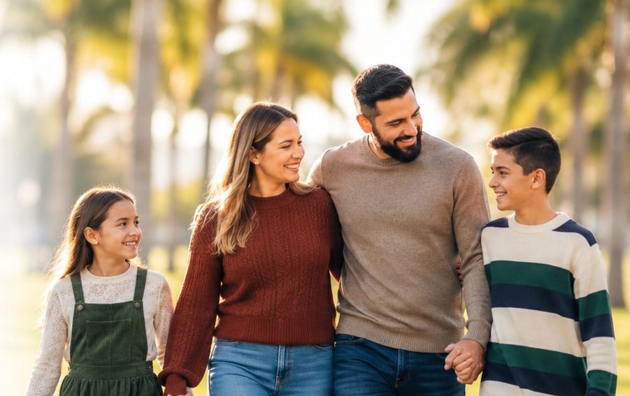 Una familia con dos hijos pasea entre palmeras al atardecer.