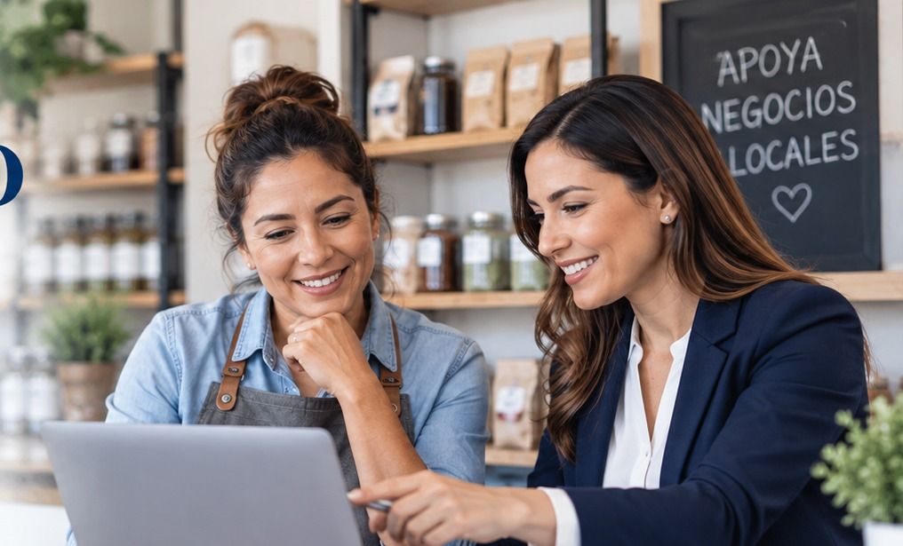 Dos mujeres revisan un portátil tras el mostrador de su negocio.
